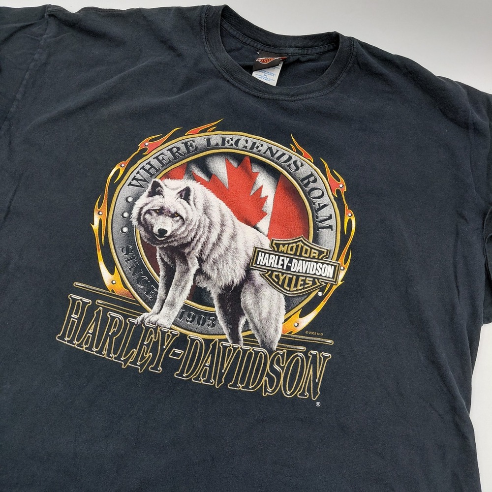 Vtg Harley-Davidson Yukon Canada Wolf Graphic T-Shirt Mens XXL Blk 2003 Hamilton